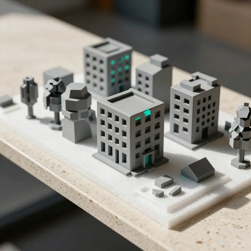 Grey voxel asset pack modules fanned beside shipping foam on a travertine bench, teal accent, top-down