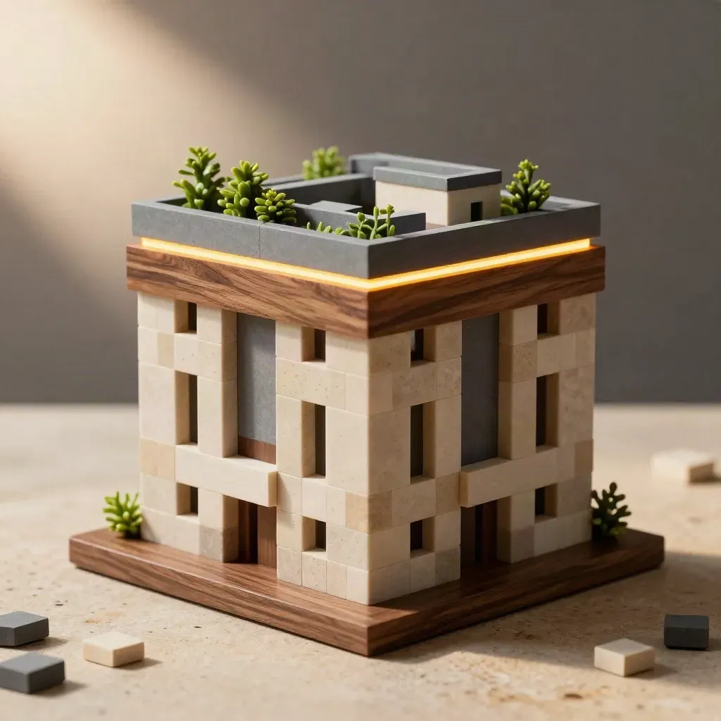 Voxel architectural façade model with stepped podium and roof garden in warm raking light.