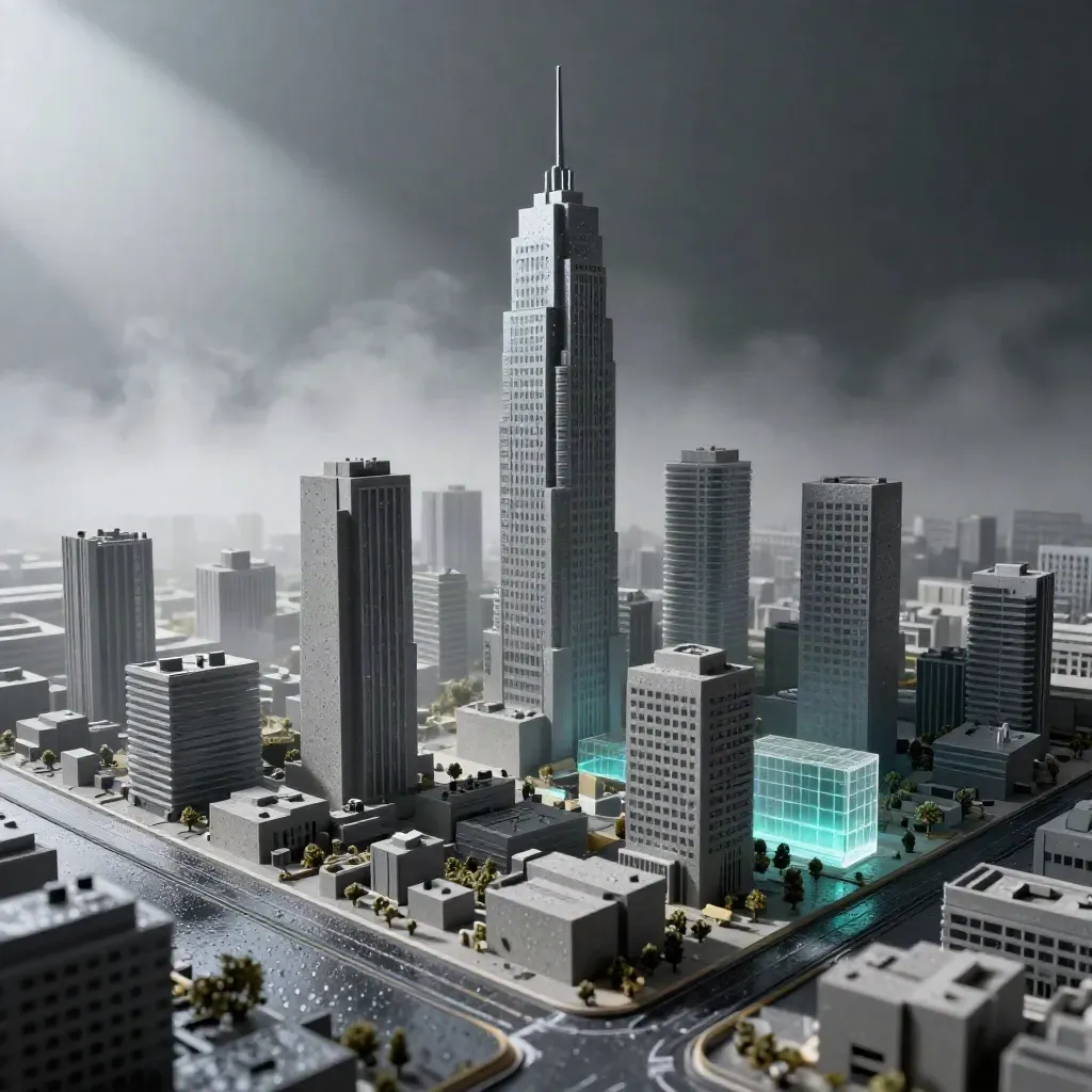 Voxel city model on studio floor under moody light and fog