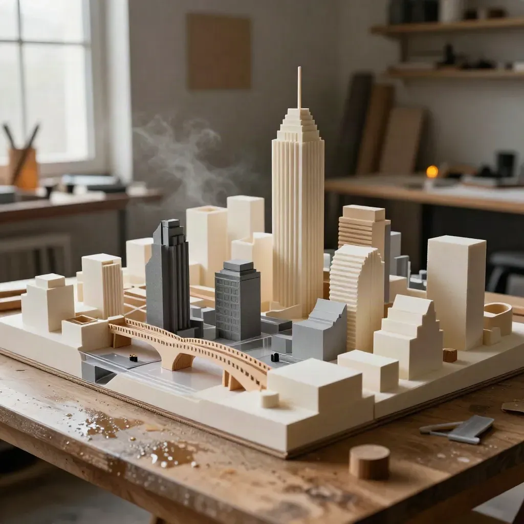 Foamboard voxel city model on a studio table, amber-lit with mist and a final block set in place.