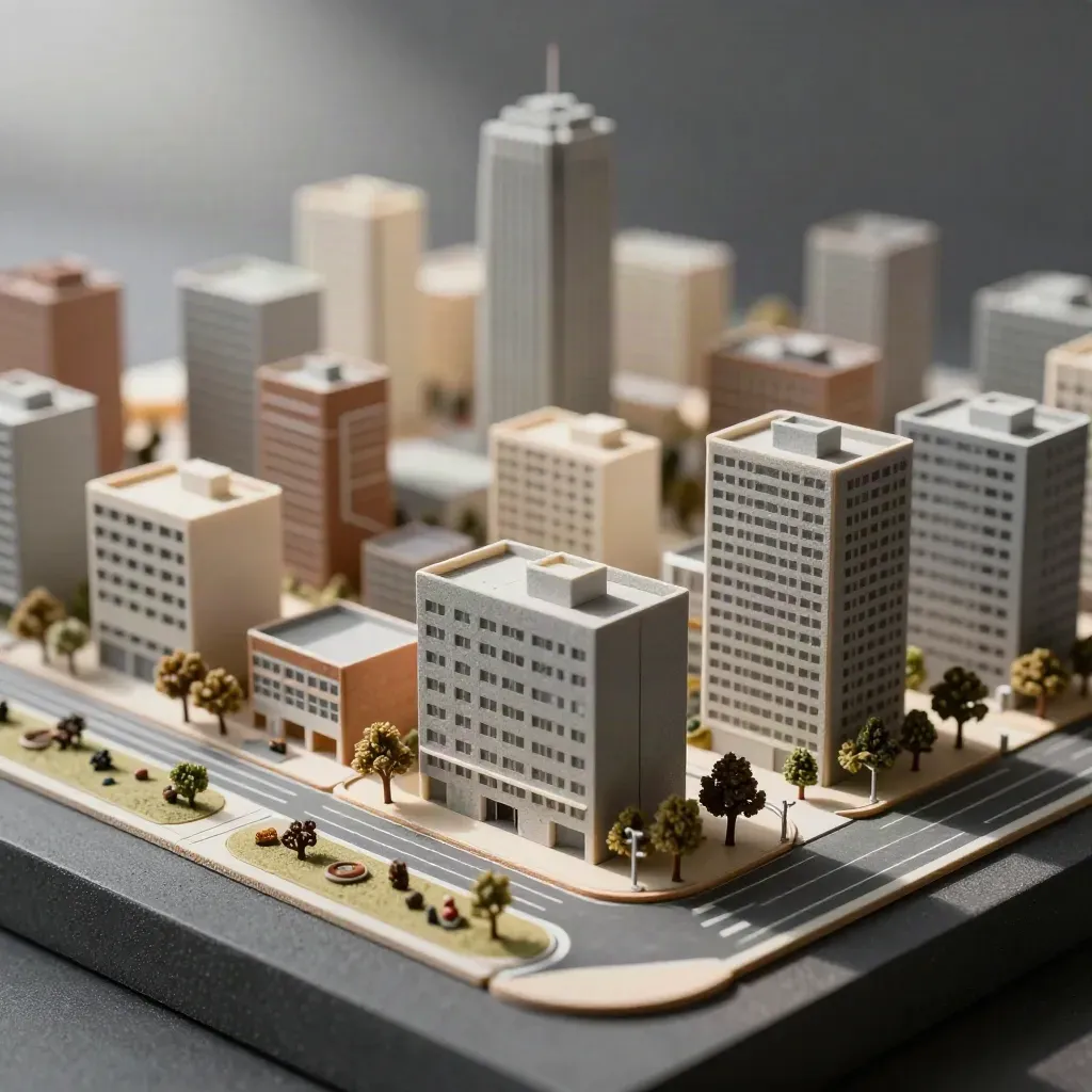 Miniature urban model of roads, parks and mid-rise blocks under raking daylight.