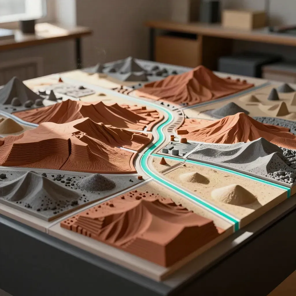 Extreme macro of a layered GIS terrain model with district blocks, routes and landmark mounds.