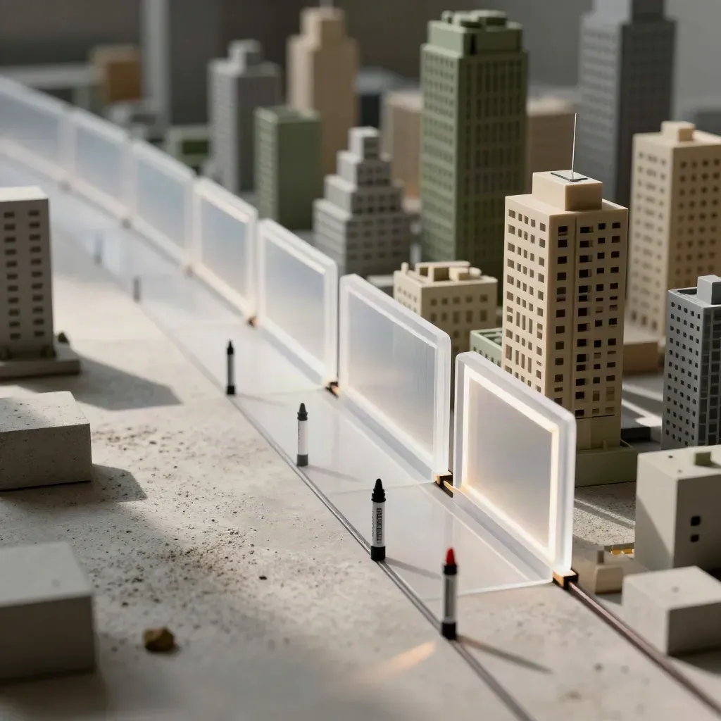 Curved translucent walkthrough route threading through a moody voxel city interior with lit thresholds