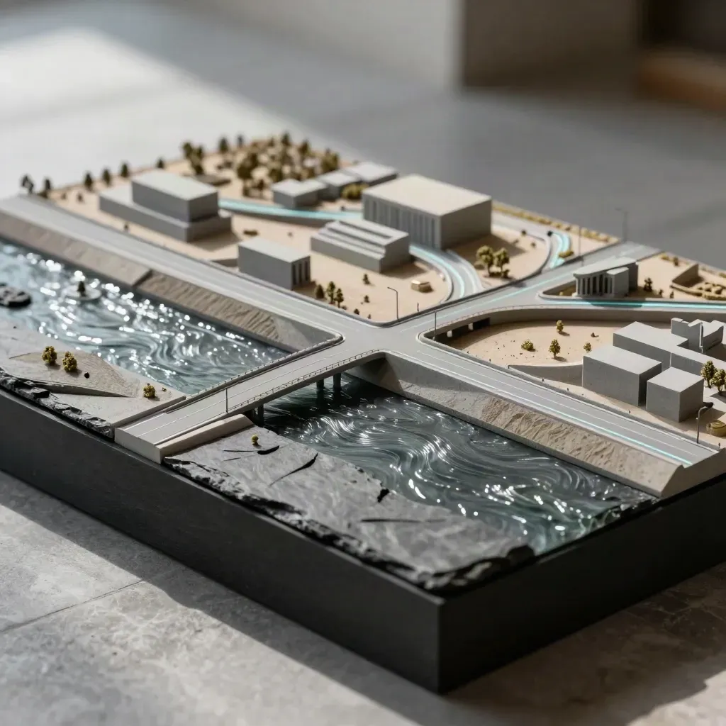 Voxel transport interchange board with river crossing, station massing and road spurs on a plinth.