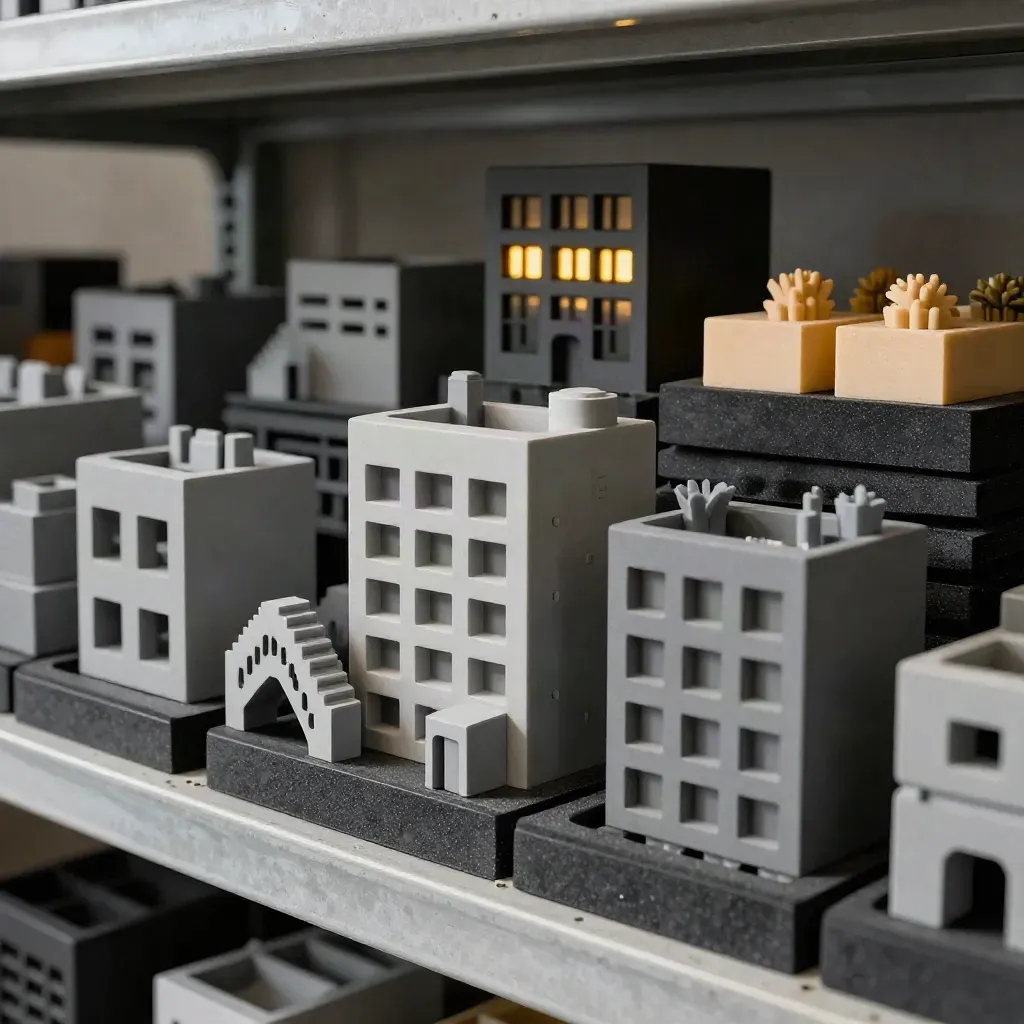 Voxel city asset trays in foam on studio shelves, with modular façades and amber glow