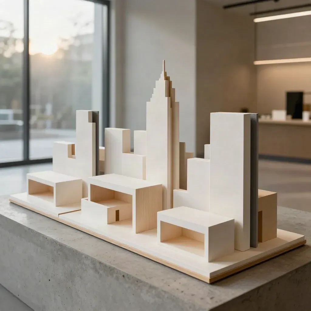 Three retail skyline mock-up boards on a concrete plinth in warm late light.