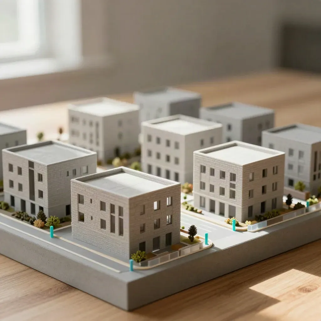 Housing block model with courtyards and stepped masses on a council base in warm window light
