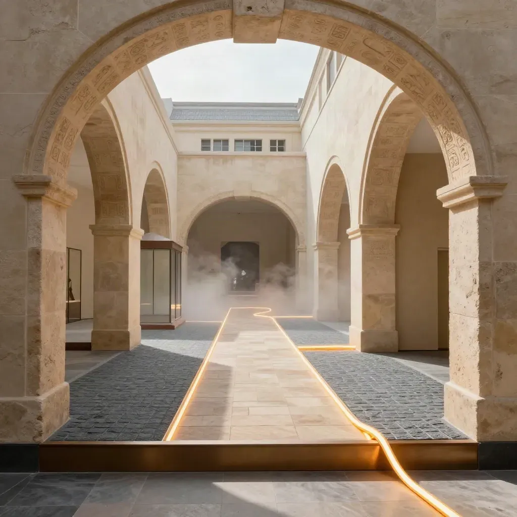 Museum district diorama with glowing route ribbon threading arched galleries
