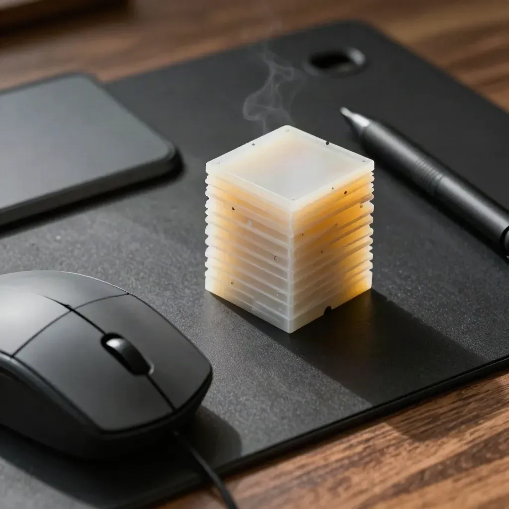 3D mouse, stylus, tablet edge and resin tower on a dark mat under dramatic studio light.