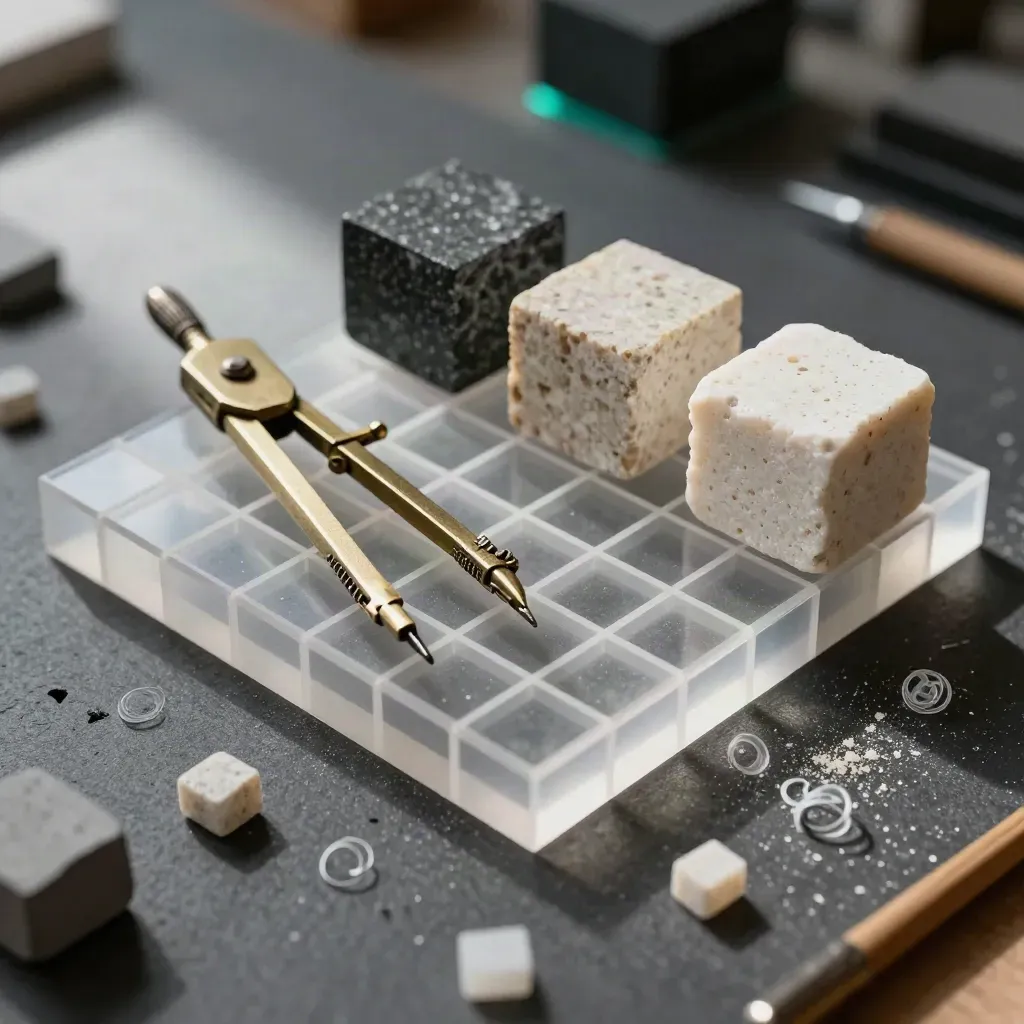 Macro of a voxel grid, brass compass, and stone samples on a charcoal modelmaking bench.