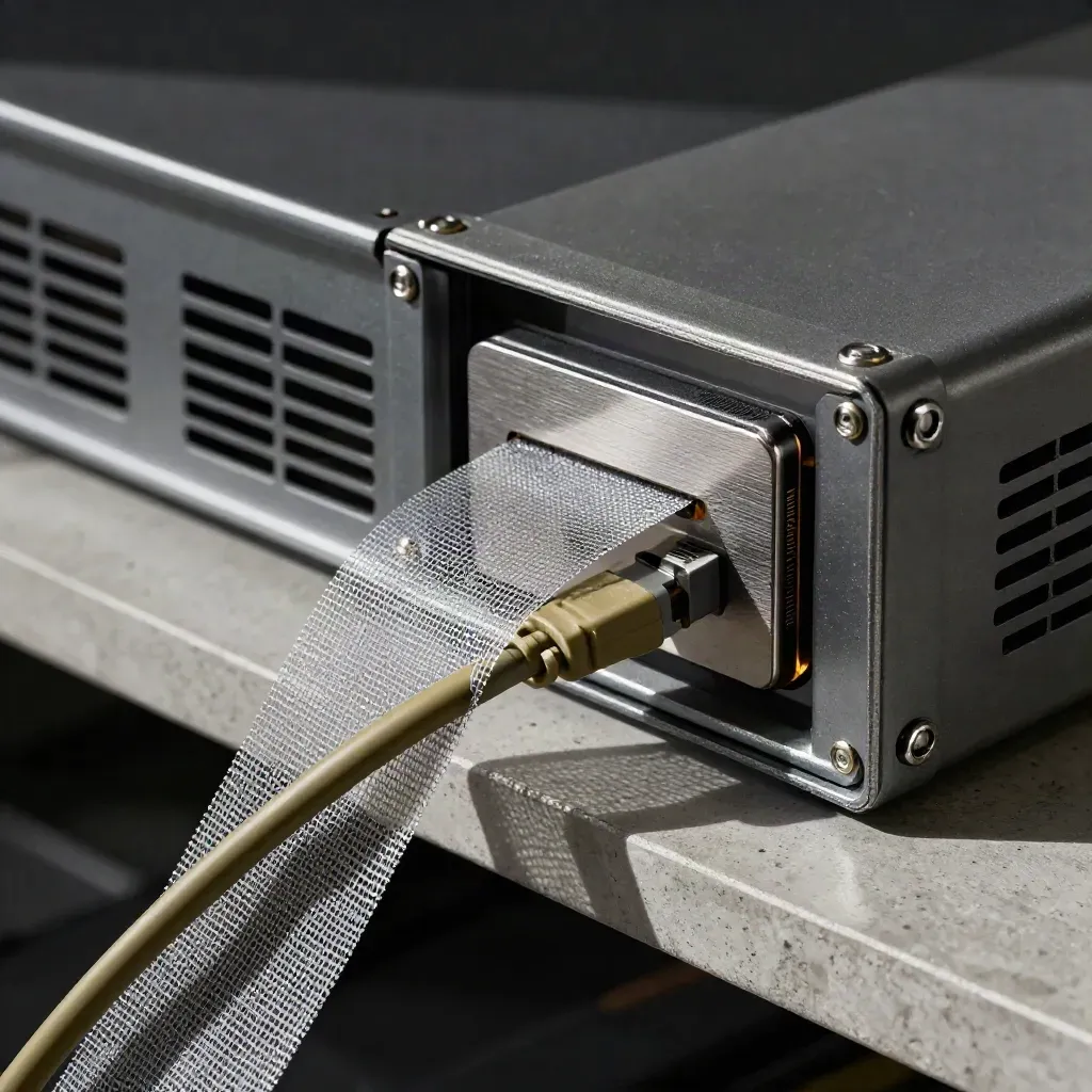 Braided cables, external SSD and vented render box corner in a moody close-up.