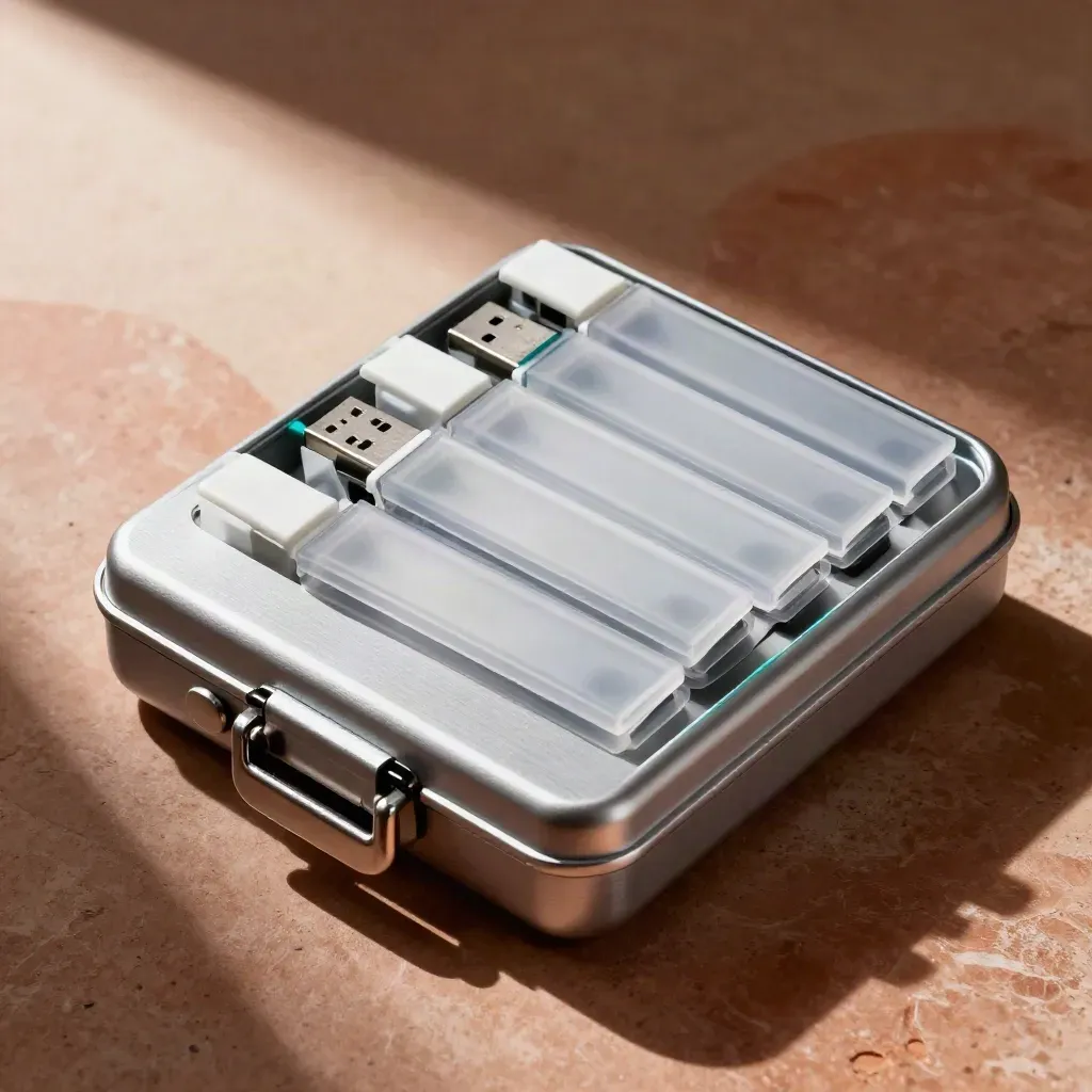 Top-down still life of USB drives, acrylic tabs, and a rigid case on terracotta stone.