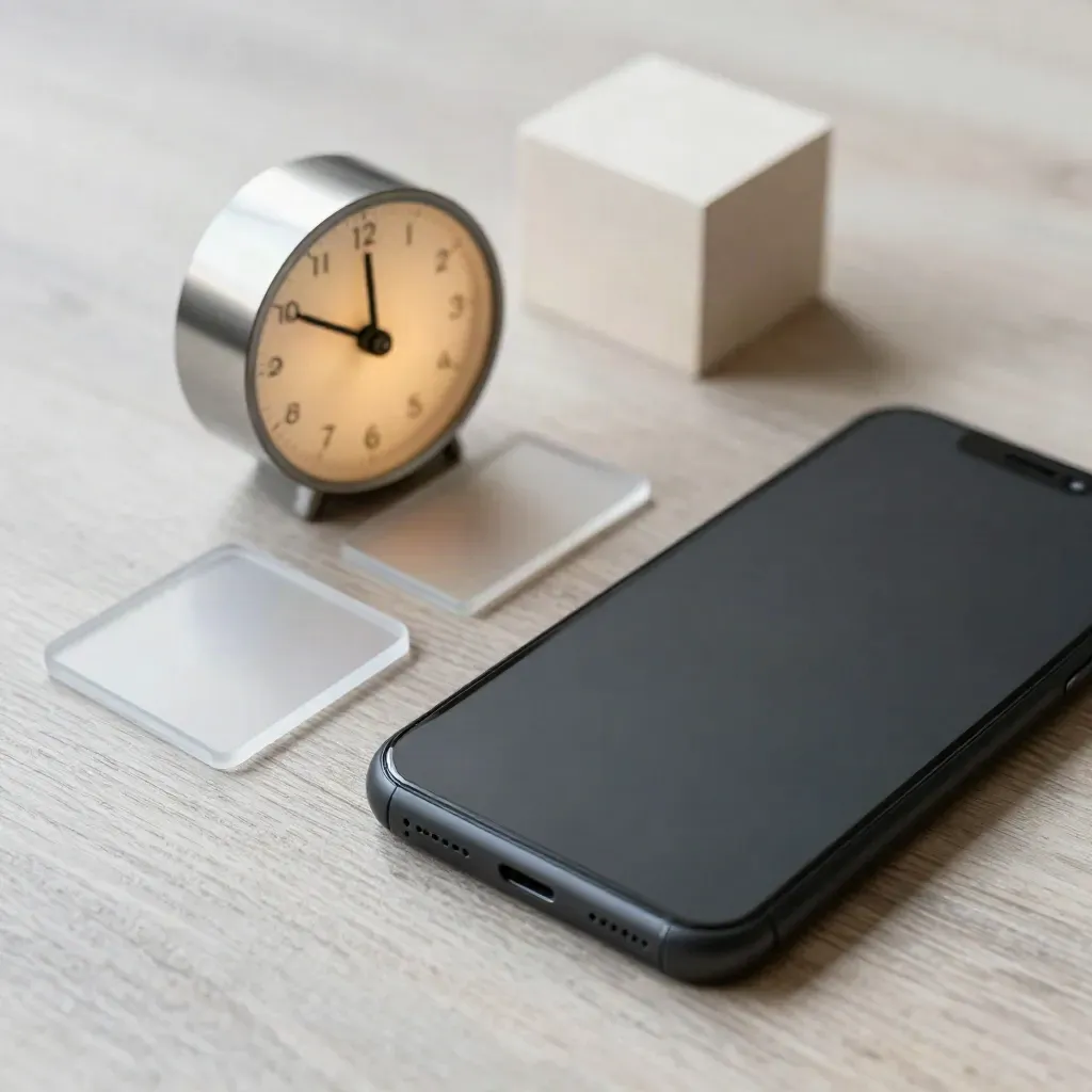 Overhead still life of a black smartphone, timer, and acrylic tabs on pale wood.
