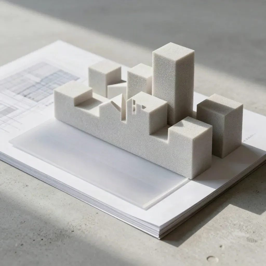 Overhead flatlay of foam city blocks, acetate sheets and snapped baseboard on pale concrete.