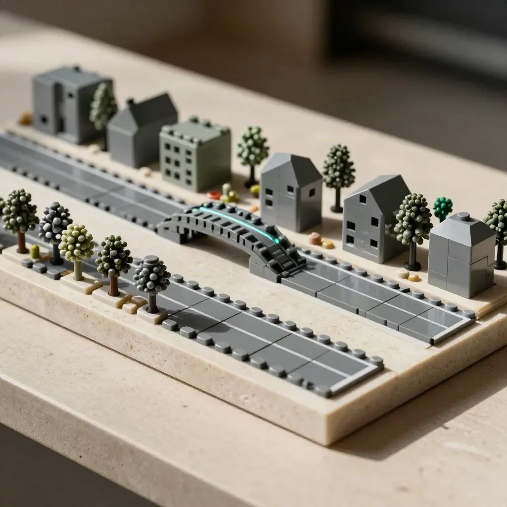 Miniature voxel city modules, bridge segment, curb stones and trees in a stone tray