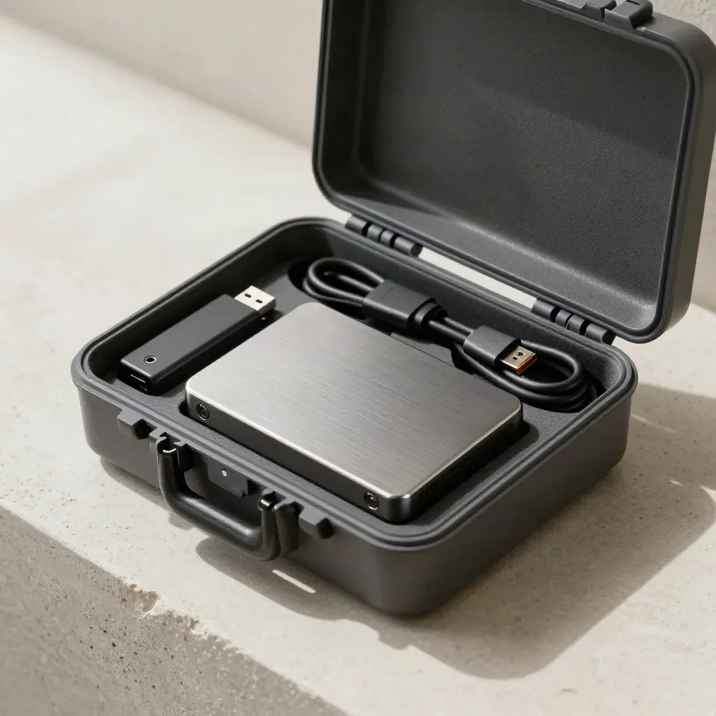 Open hard case with SSD, two USB drives and coiled cable on pale plaster, side lit.
