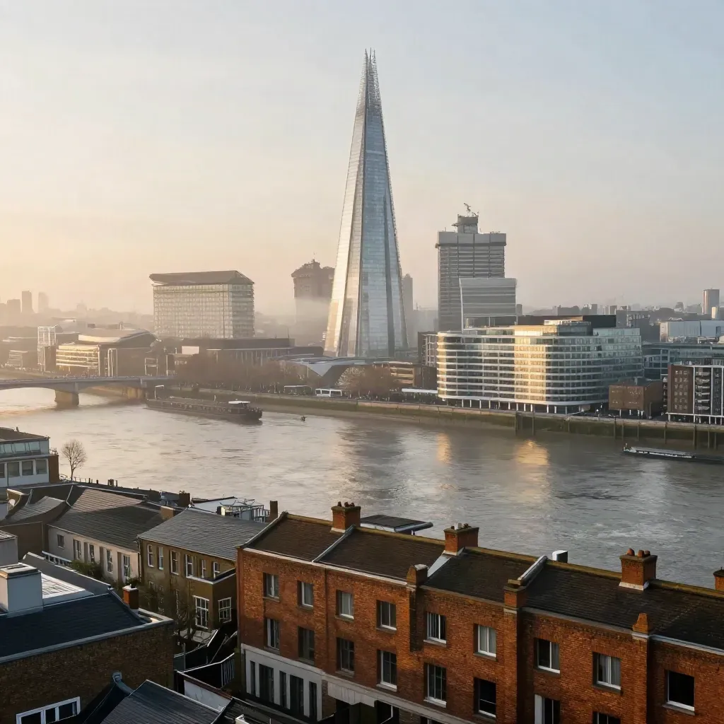 London skyline and the Shard over the Thames in gold morning haze.