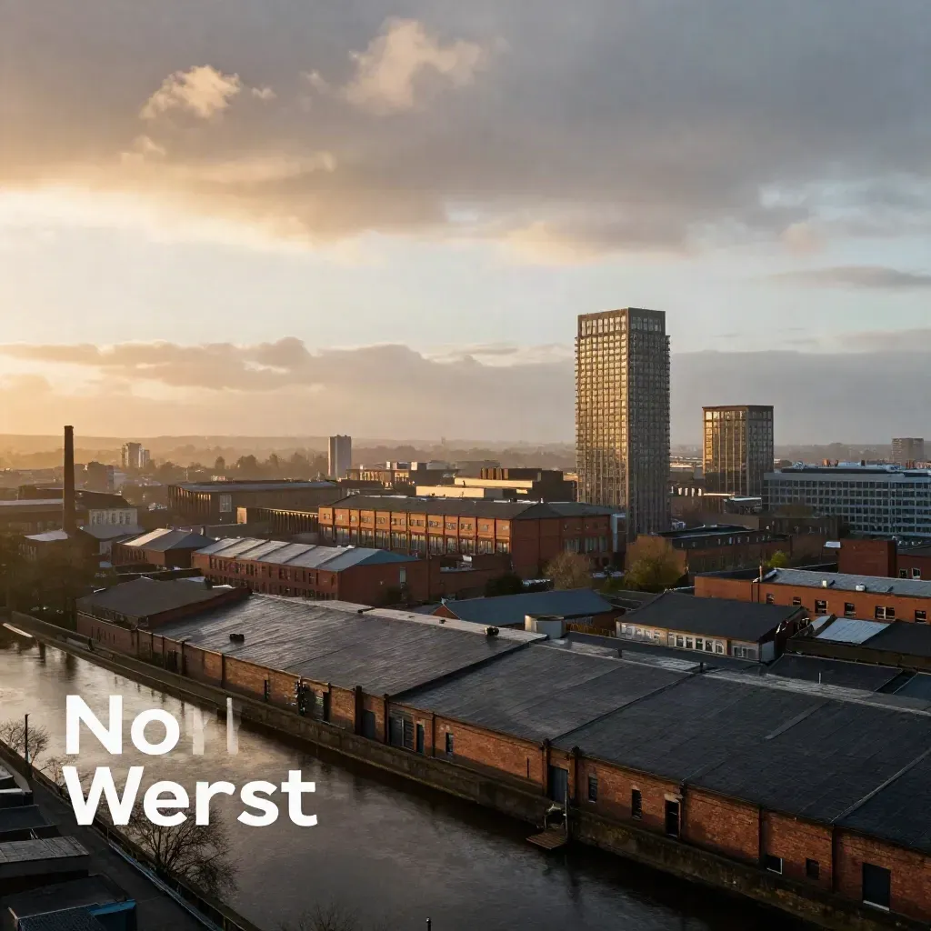 Manchester skyline at sunset above rain-softened North West England with calm open foreground.