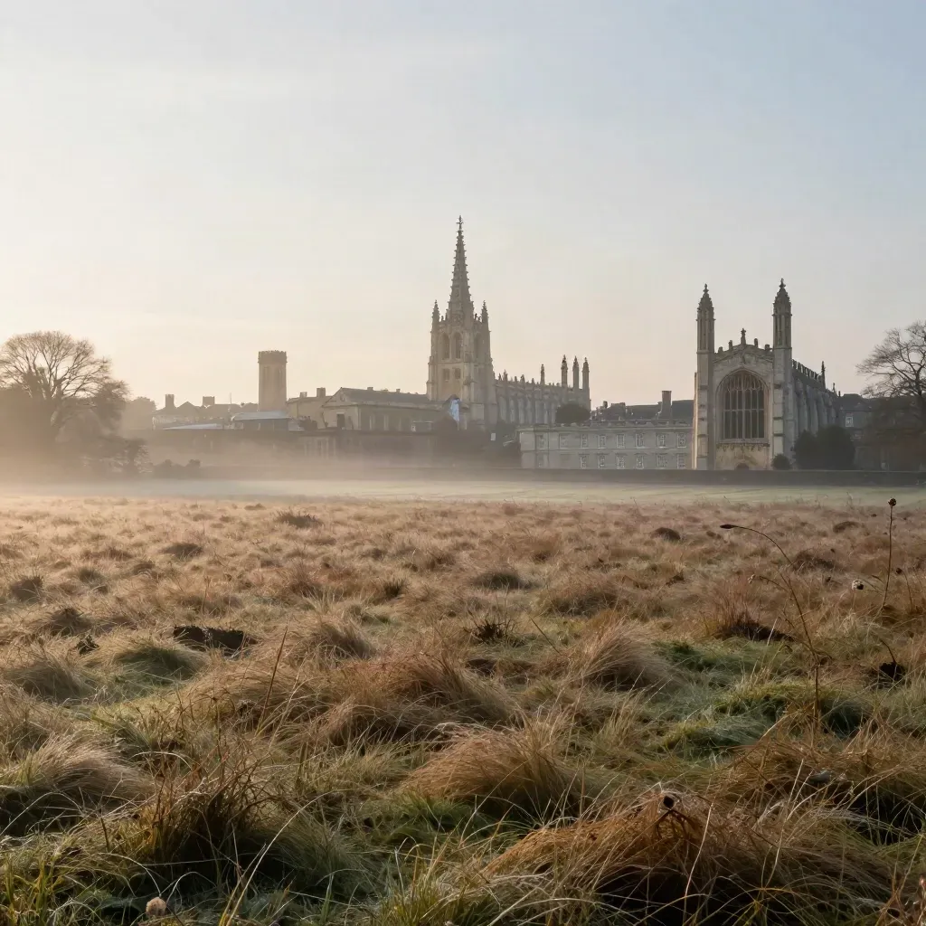 Misty Cambridge spires over flat fenland at dawn, seen from a meadow rise