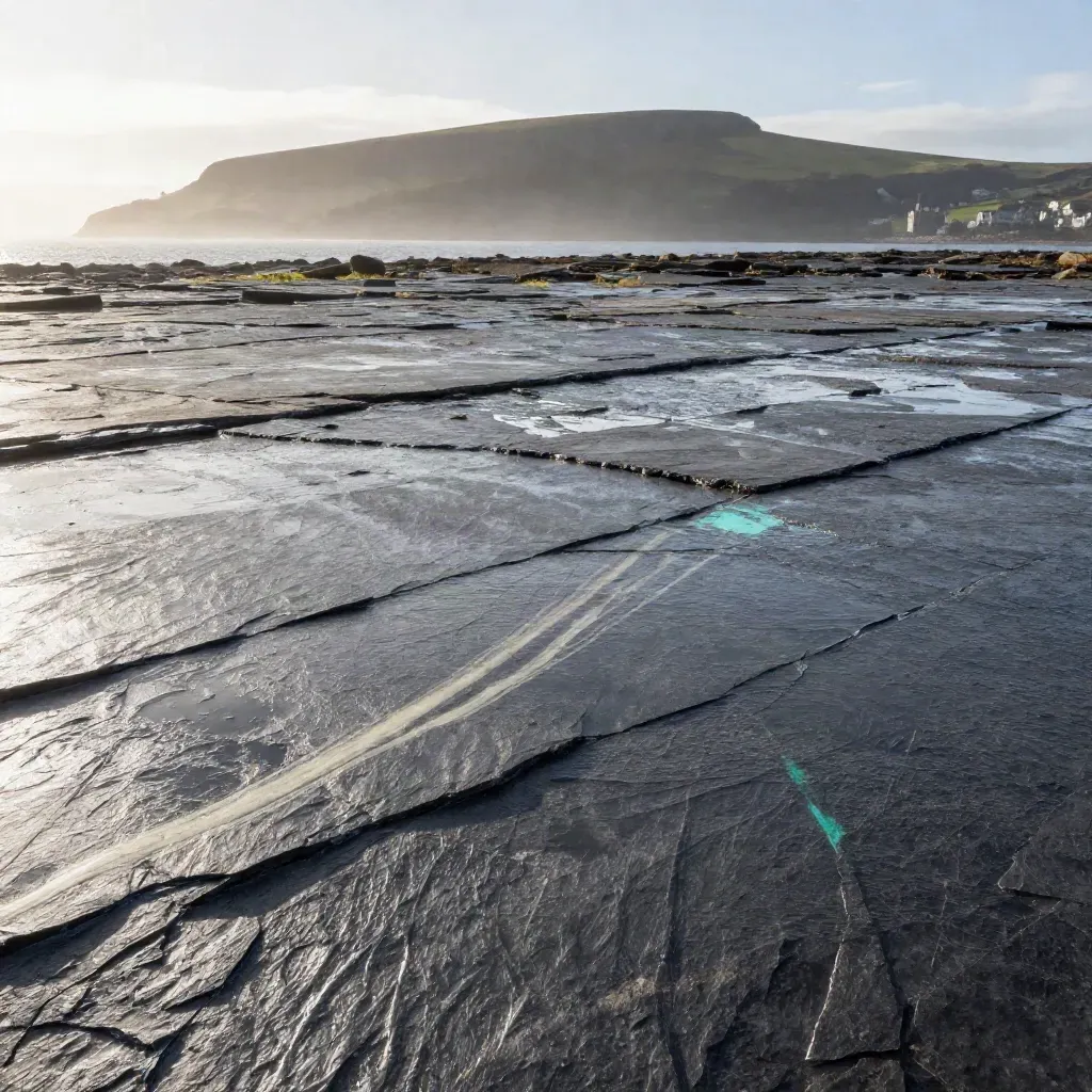 Wet slate and granite landscape with misty ridge and calm water edge for copy space.